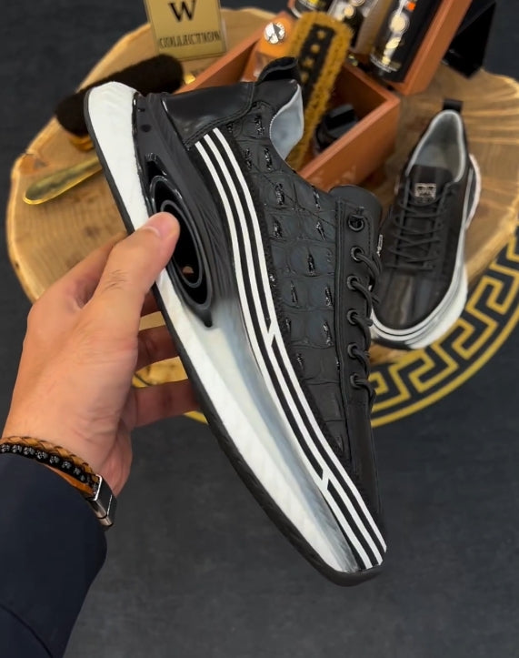 Black and white metal logo streamline breathable casual shoes