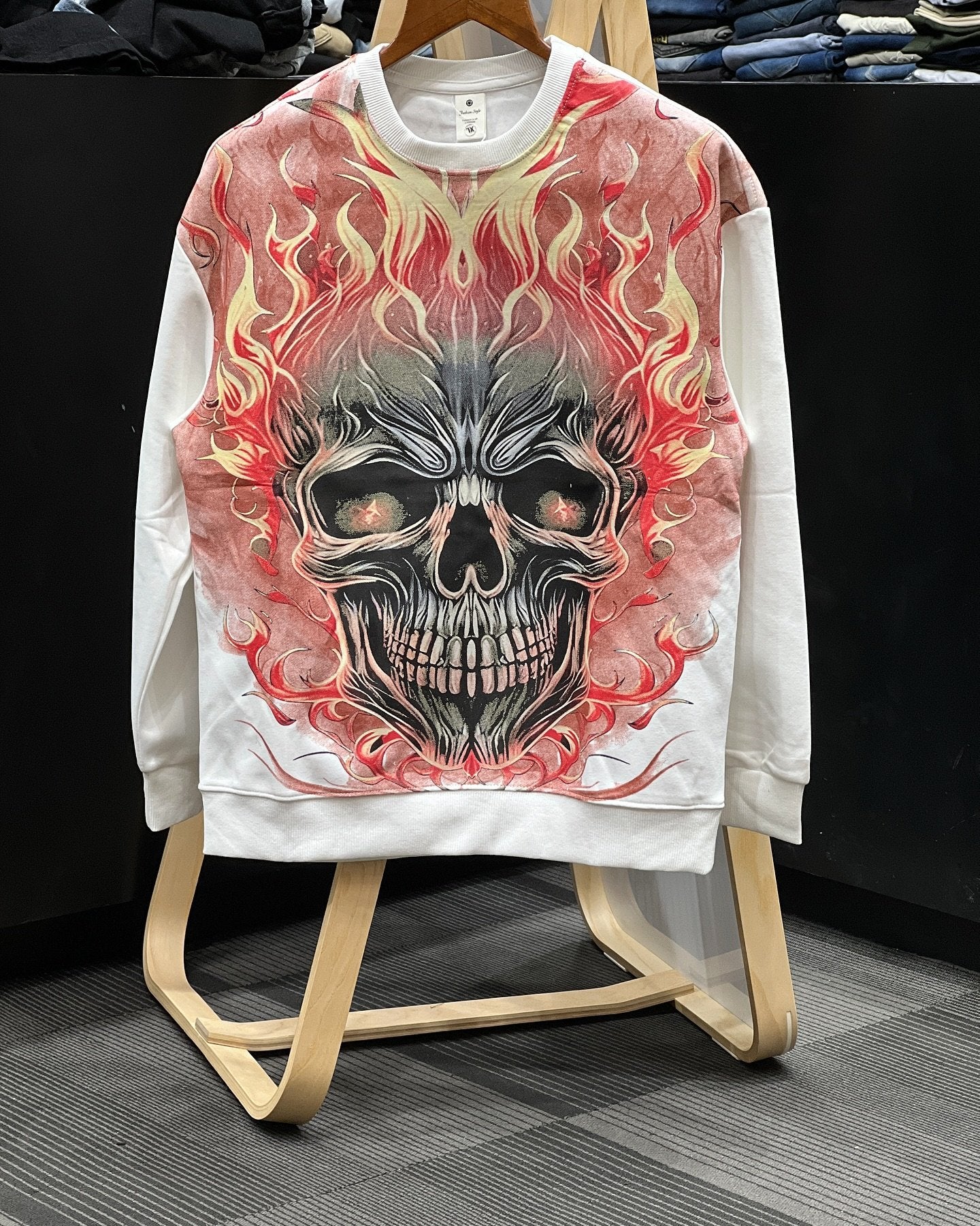 Retro flame skull print casual long sleeve top