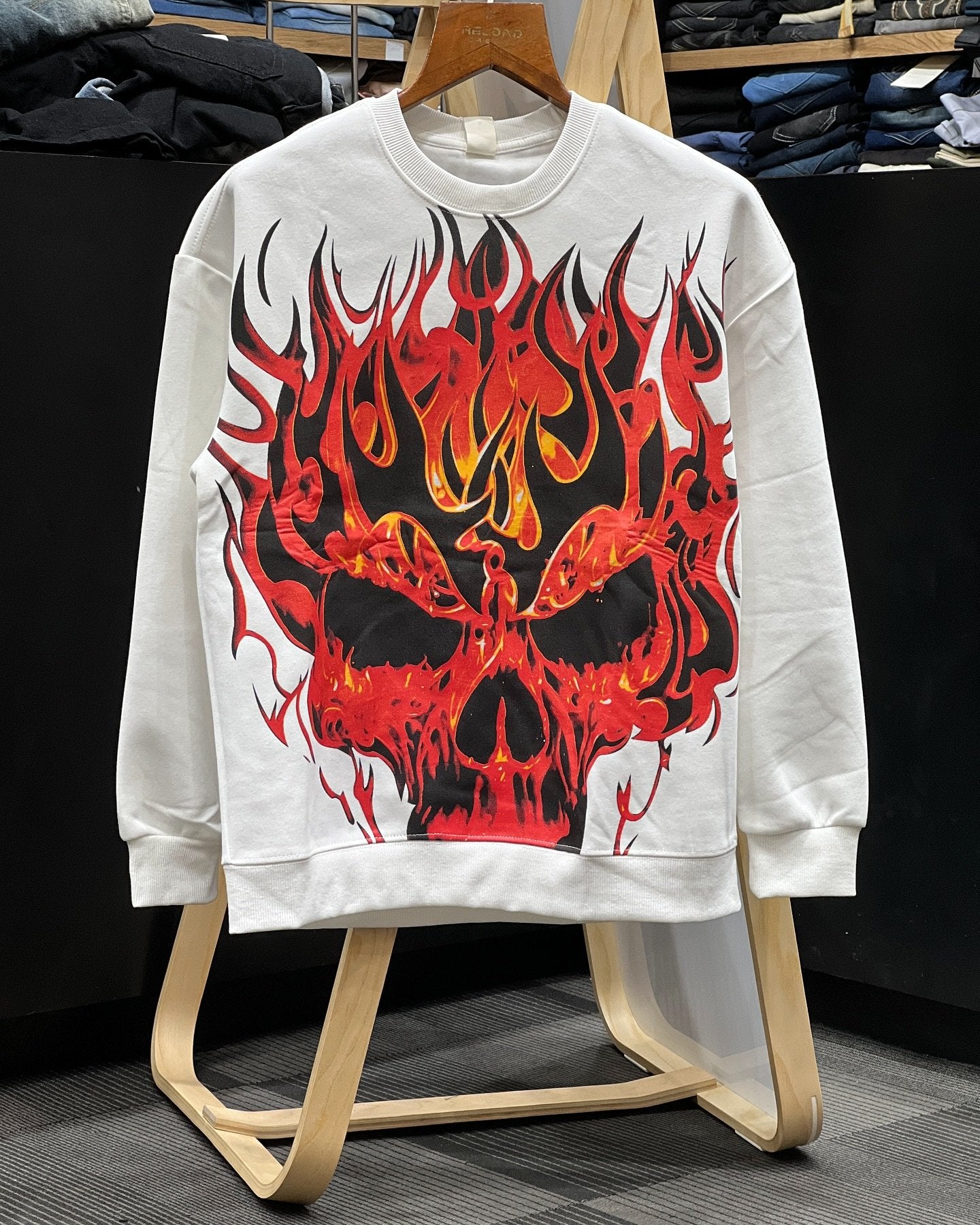 Retro flame skull print casual long sleeve top