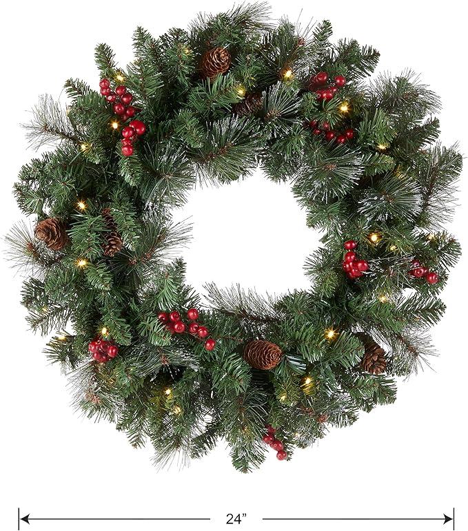 Artificial Christmas Wreath, Green, Crestwood Spruce, White Lights, Decorated with Pine Cones, Berry Clusters, Frosted Branches, Christmas Collection, 24 Inches