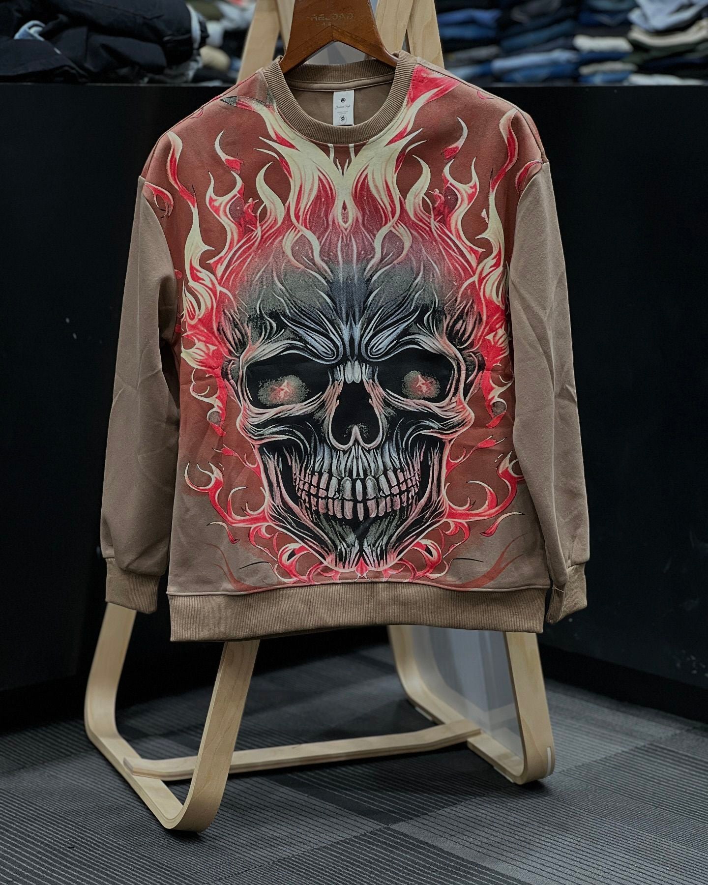 Retro flame skull print casual long sleeve top