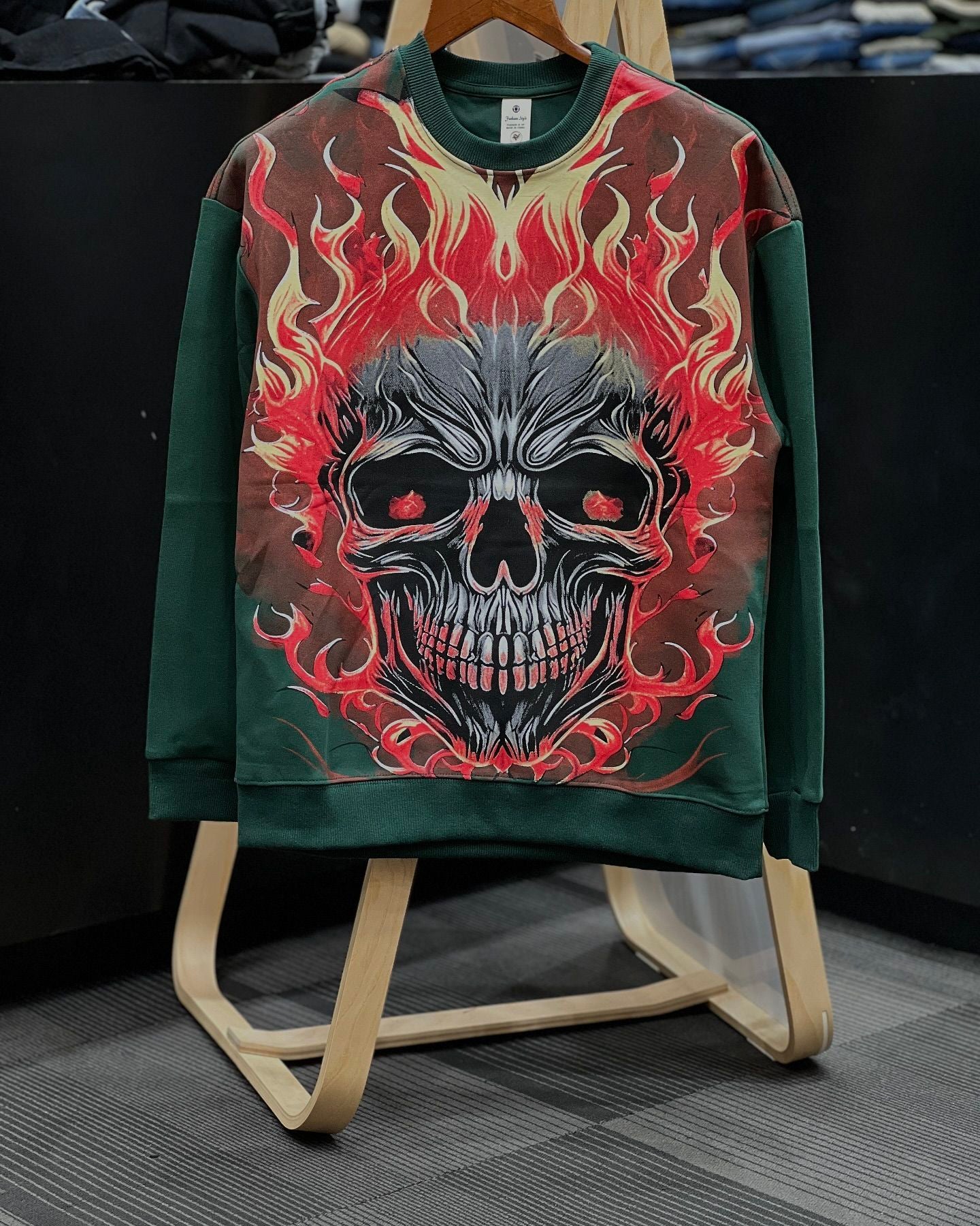 Retro flame skull print casual long sleeve top