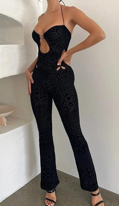 Black Mesh Print Jumpsuit