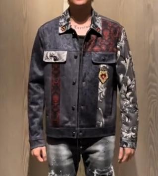 Men's high-quality stitching printed lapel leather jacket