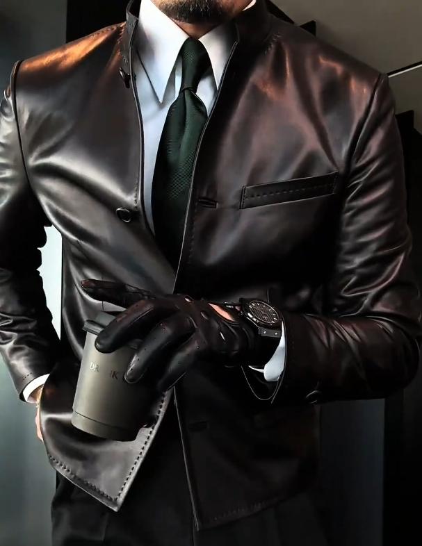 Men's high-quality stand-up collar hand-sewn leather clothing