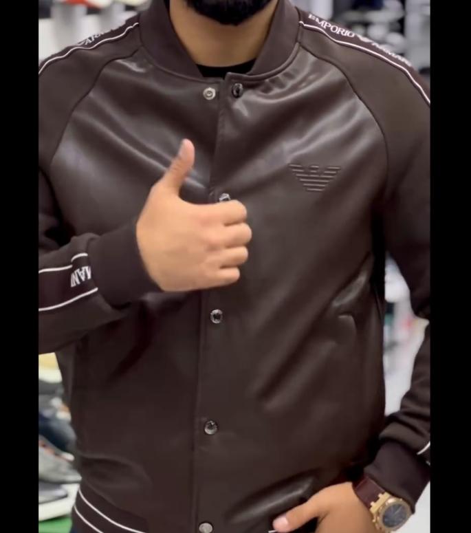 Coffee-colored round neck pilot leather jacket