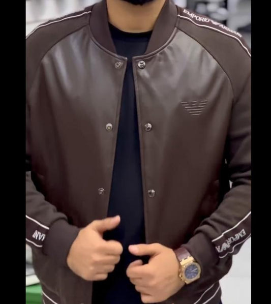 Coffee-colored round neck pilot leather jacket