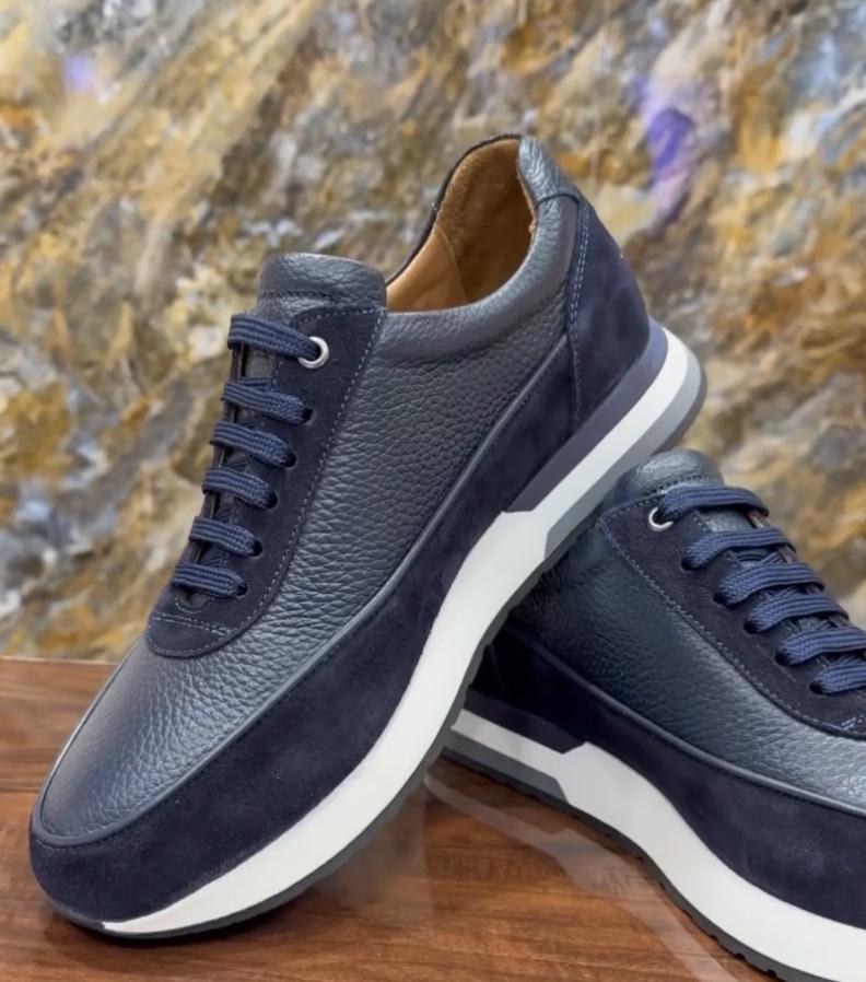 Blue leather comfortable stitching casual shoes