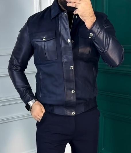 Blue multi-pocket tailored leather coat