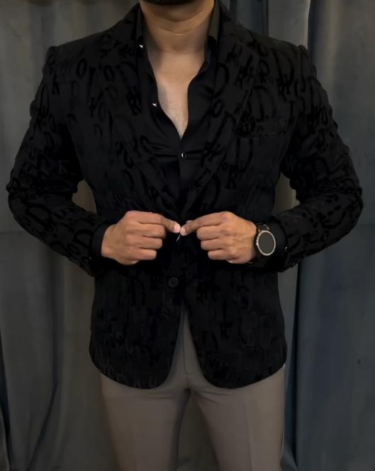 Black hand-embroidered letter suit jacket