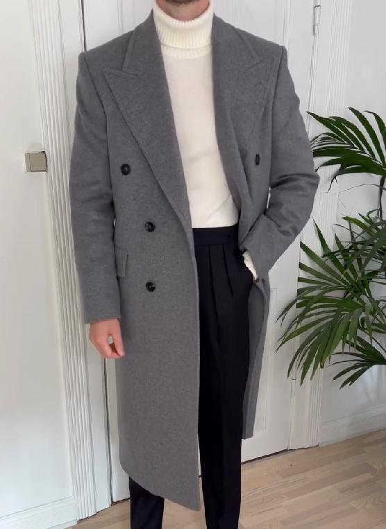 Men's grey lapel woolen coat