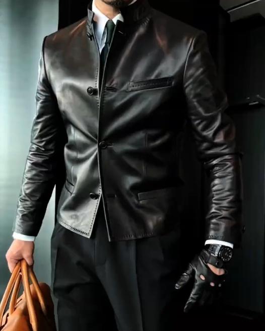 Men's high-quality stand-up collar hand-sewn leather clothing