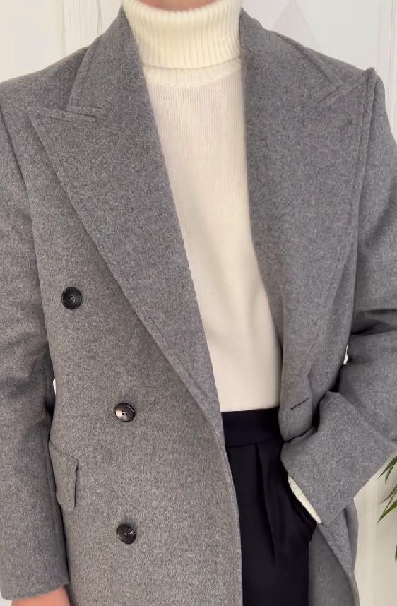 Men's grey lapel woolen coat