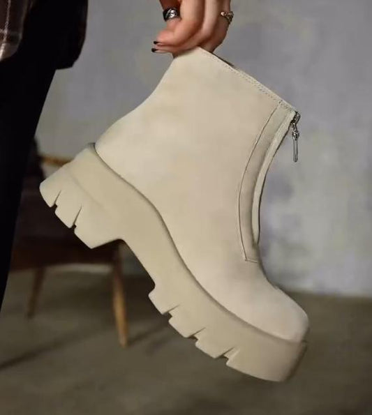 Women's heightening round-headed muffin bottom front zipper fashion boots