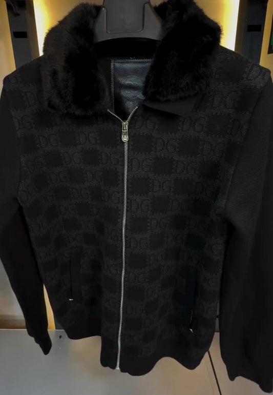 Black mosaic plaid fur collar coat