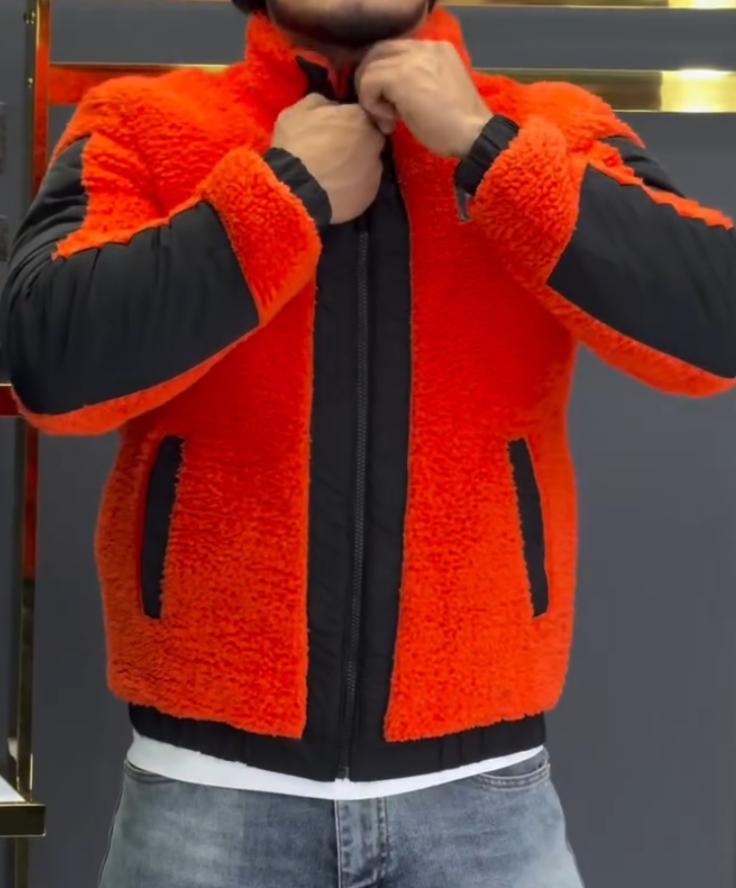 Orange-black stitching plush coat