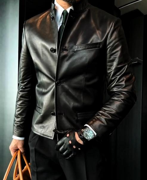 Men's high-quality stand-up collar hand-sewn leather clothing