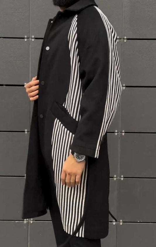 Men's striped stitching long coat