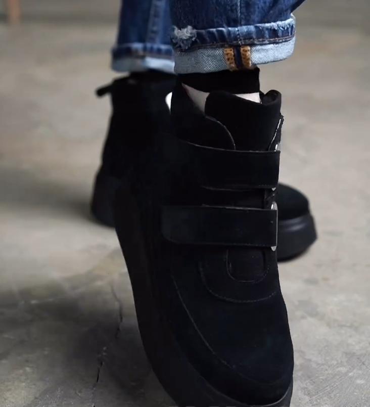 Women's black suede hook and loop booties