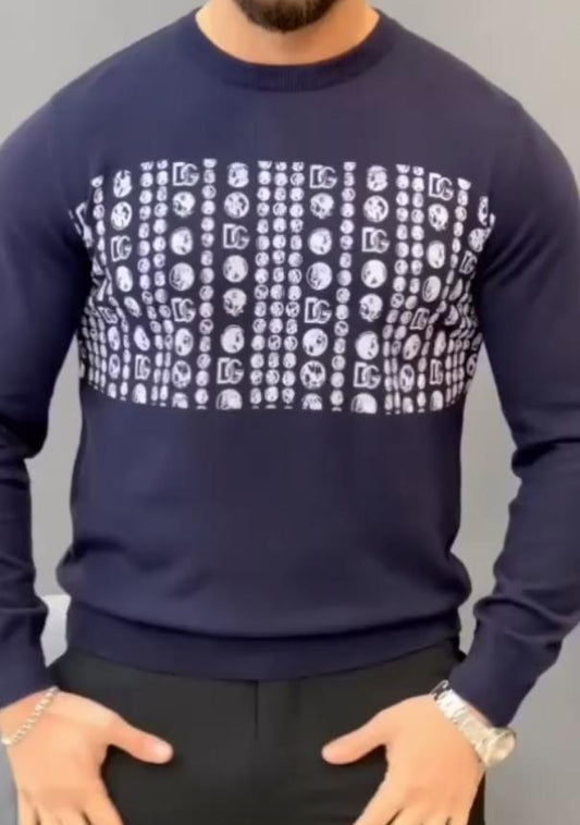 Men's retro small print thickened round neck sweater