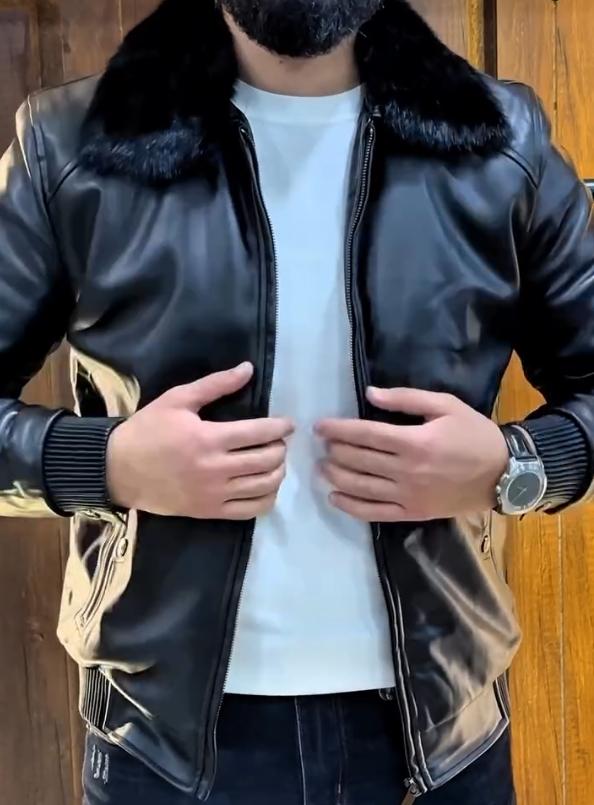 Wool collar lapel warm leather jacket