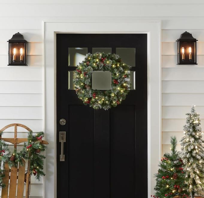 Artificial Christmas Wreath, Green, Crestwood Spruce, White Lights, Decorated with Pine Cones, Berry Clusters, Frosted Branches, Christmas Collection, 24 Inches