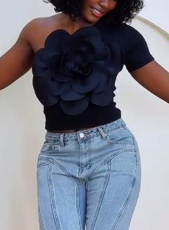 Black stereo handmade camellia flower brooch top