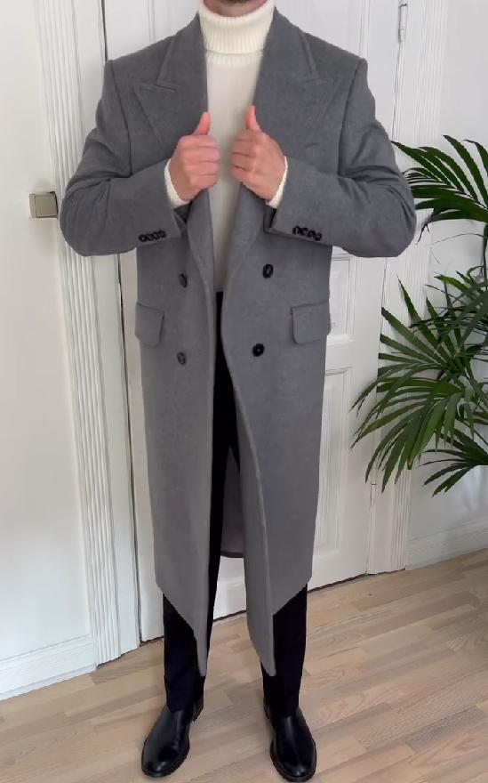 Men's grey lapel woolen coat