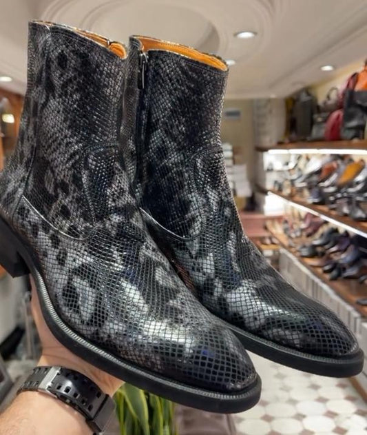 Male grey snakeskin mid-tube Chelsea boots