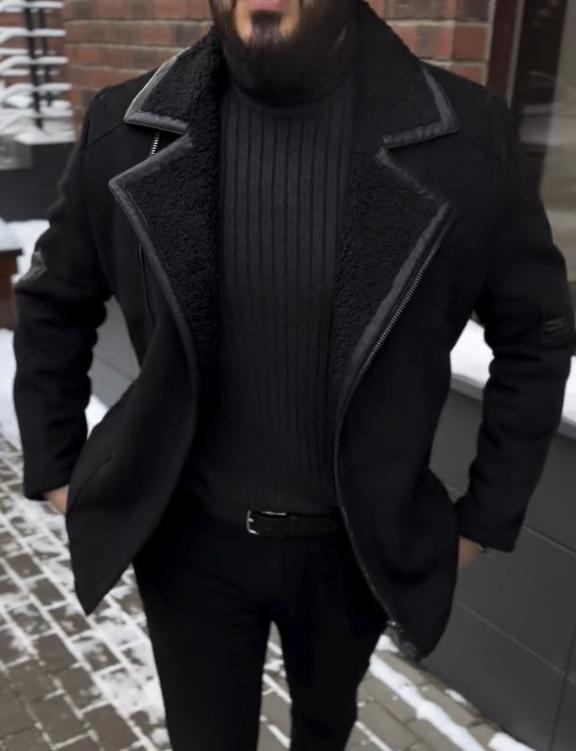 Men's black lapel and velvet padded coat